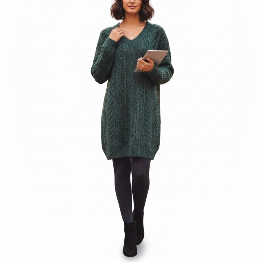 Vintage Moda International Womens Sweater Dress Small Cable Knit Forest Green